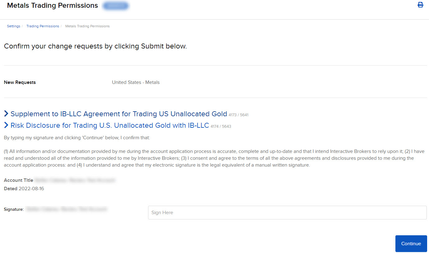 The metals trading permission signatures